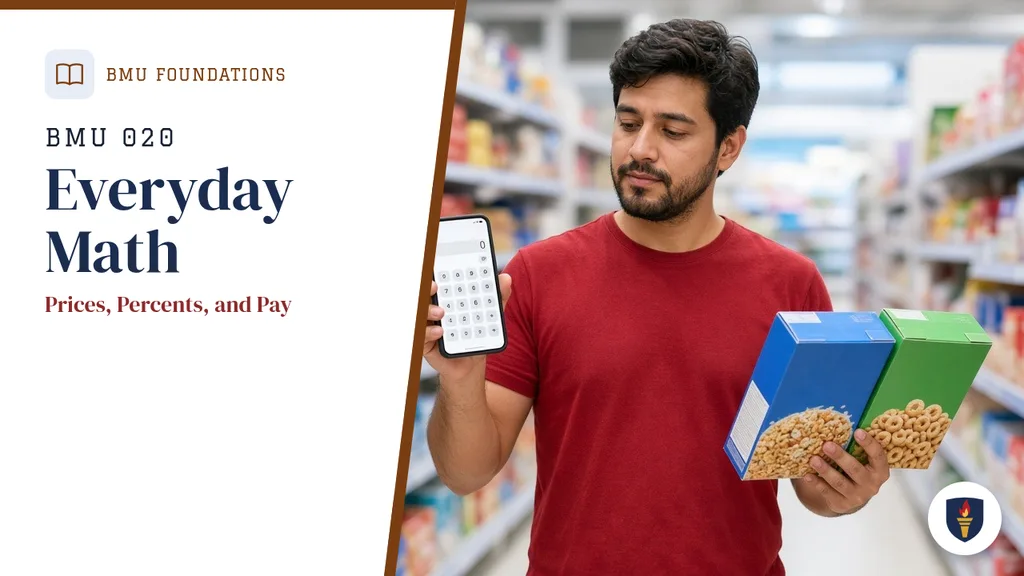 Course cover for BMU 020 Everyday Math: Prices, Percents, and Pay, BMU Foundations department.