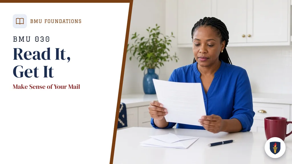 Course cover for BMU 030 Read It, Get It: Make Sense of Your Mail, BMU Foundations department.