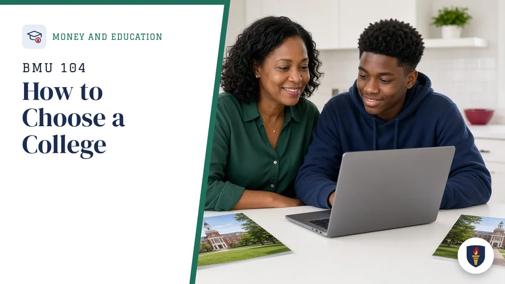 Course cover for BMU 104 How to Choose a College, Money and Education department.